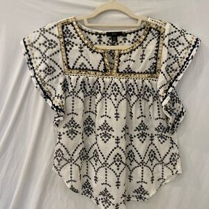 J Crew Embroidered Eyelet Flutter Sleeve Blouse White Black Size XXS